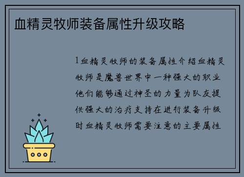血精灵牧师装备属性升级攻略