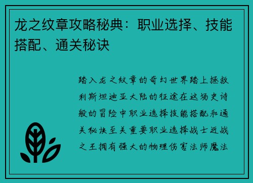 龙之纹章攻略秘典：职业选择、技能搭配、通关秘诀