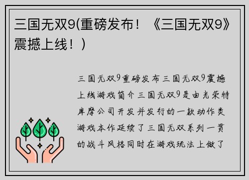 三国无双9(重磅发布！《三国无双9》震撼上线！)